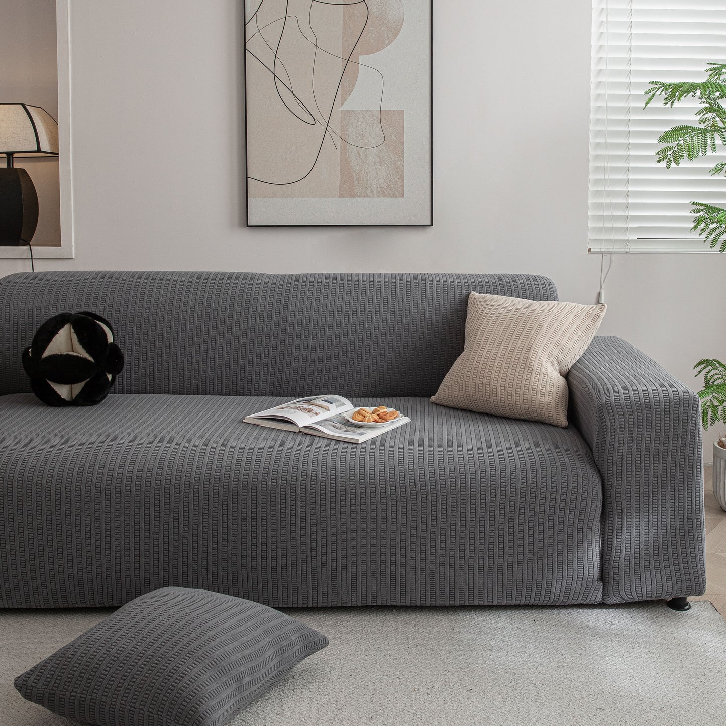 3D Grid Jacquard Sofa Cover, High Stretch Plush Waffle Couch Slipcover with Tie Straps