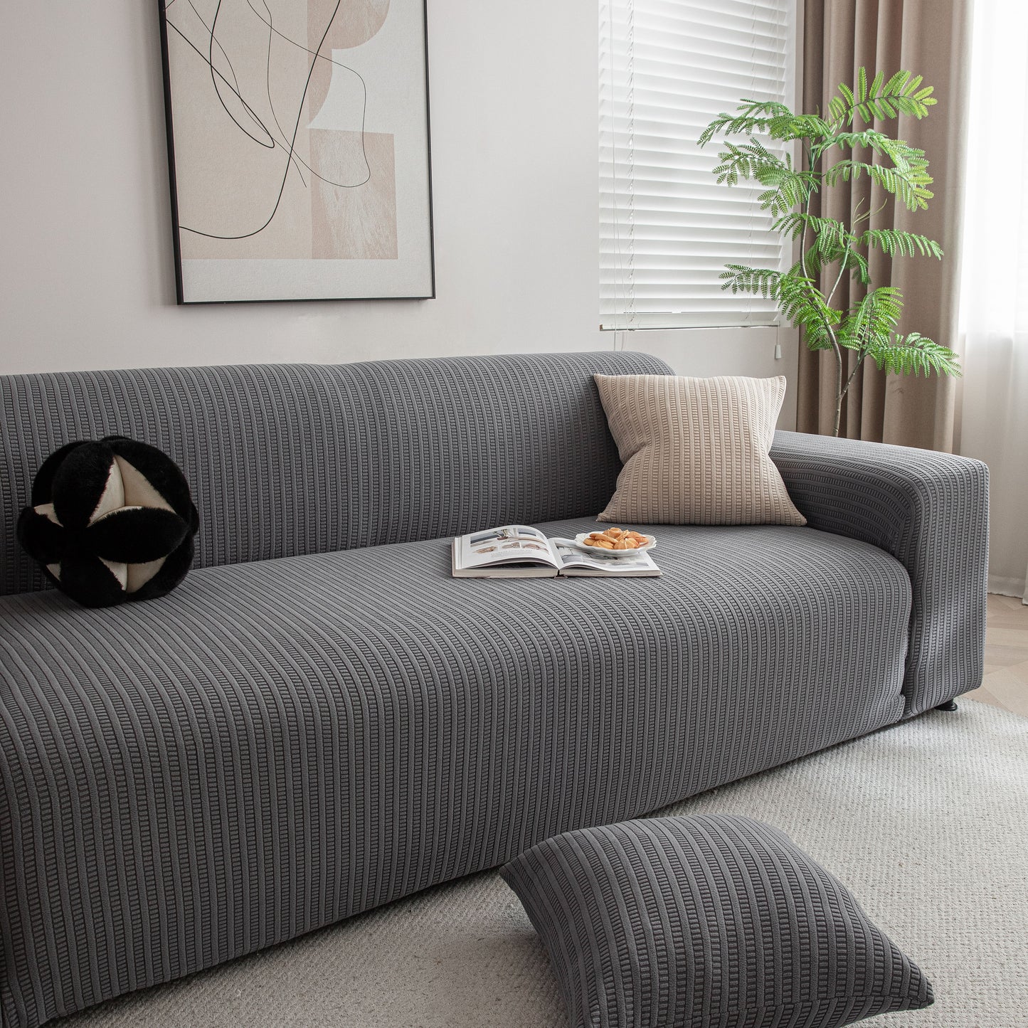 3D Grid Jacquard Sofa Cover, High Stretch Plush Waffle Couch Slipcover with Tie Straps
