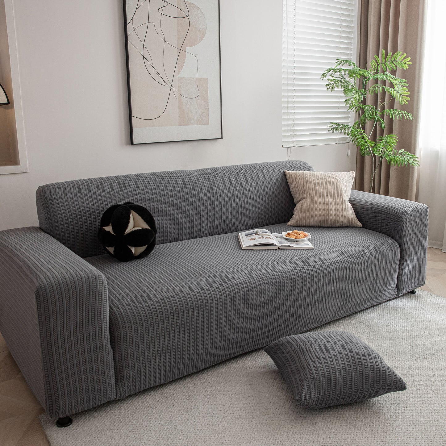 3D Grid Jacquard Sofa Cover, High Stretch Plush Waffle Couch Slipcover with Tie Straps