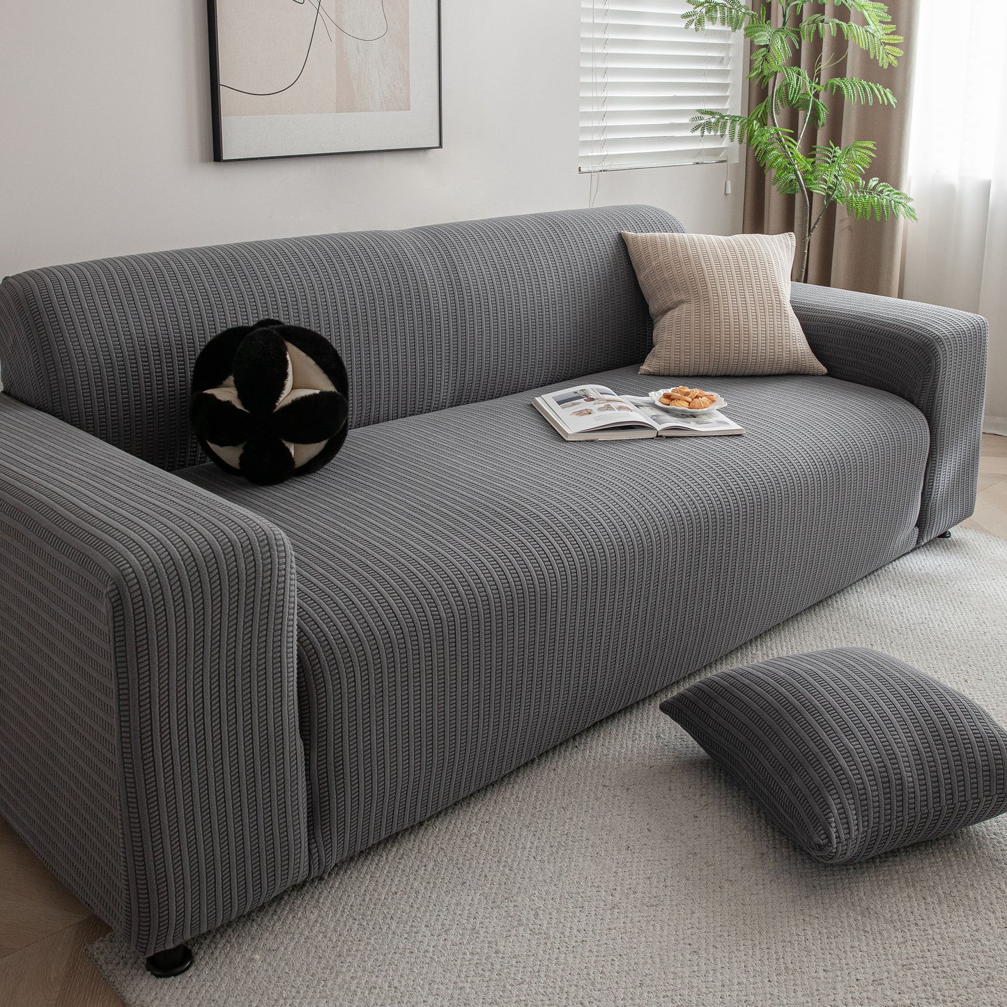 3D Grid Jacquard Sofa Cover, High Stretch Plush Waffle Couch Slipcover with Tie Straps