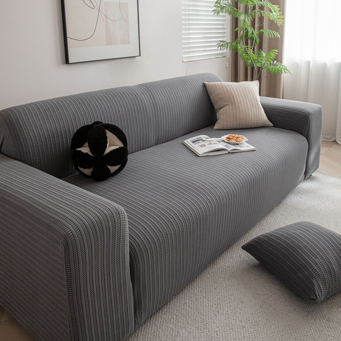 3D Grid Jacquard Sofa Cover, High Stretch Plush Waffle Couch Slipcover with Tie Straps