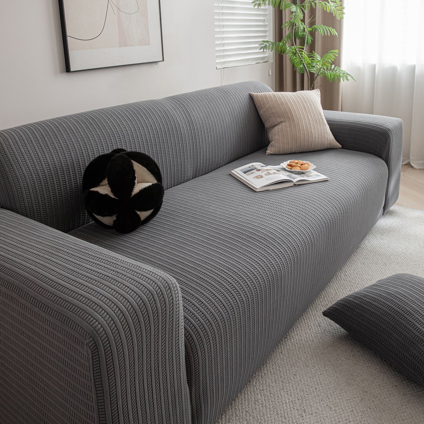 3D Grid Jacquard Sofa Cover, High Stretch Plush Waffle Couch Slipcover with Tie Straps
