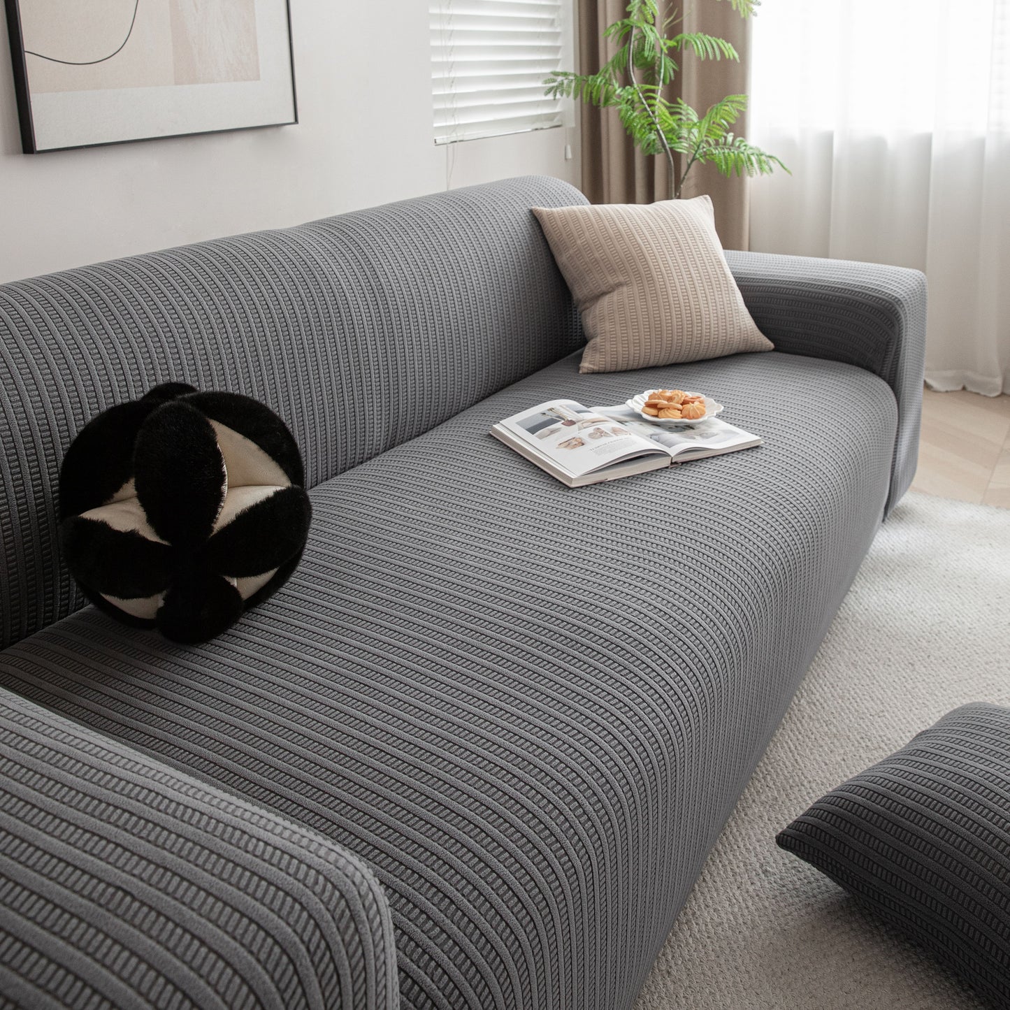 3D Grid Jacquard Sofa Cover, High Stretch Plush Waffle Couch Slipcover with Tie Straps