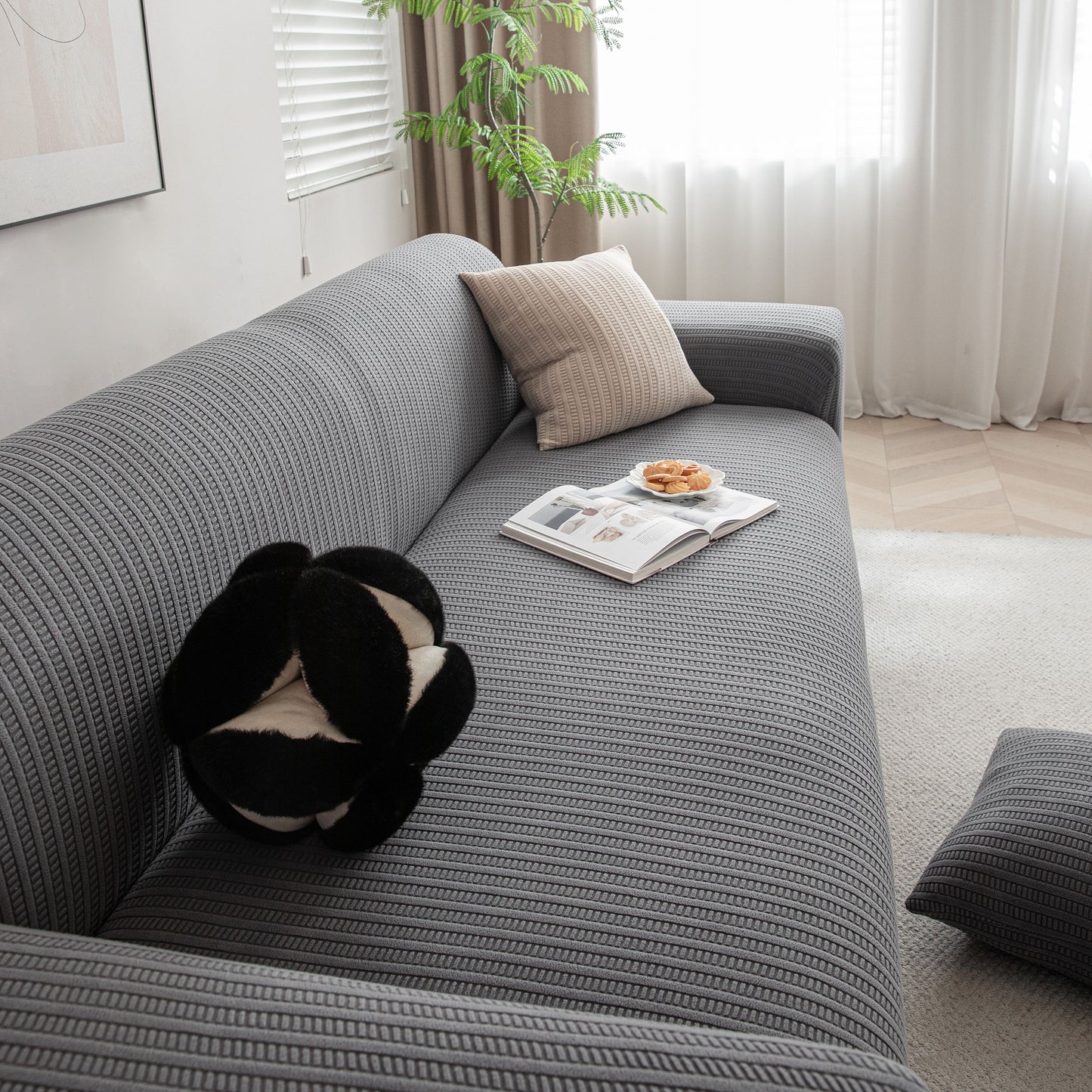 3D Grid Jacquard Sofa Cover, High Stretch Plush Waffle Couch Slipcover with Tie Straps