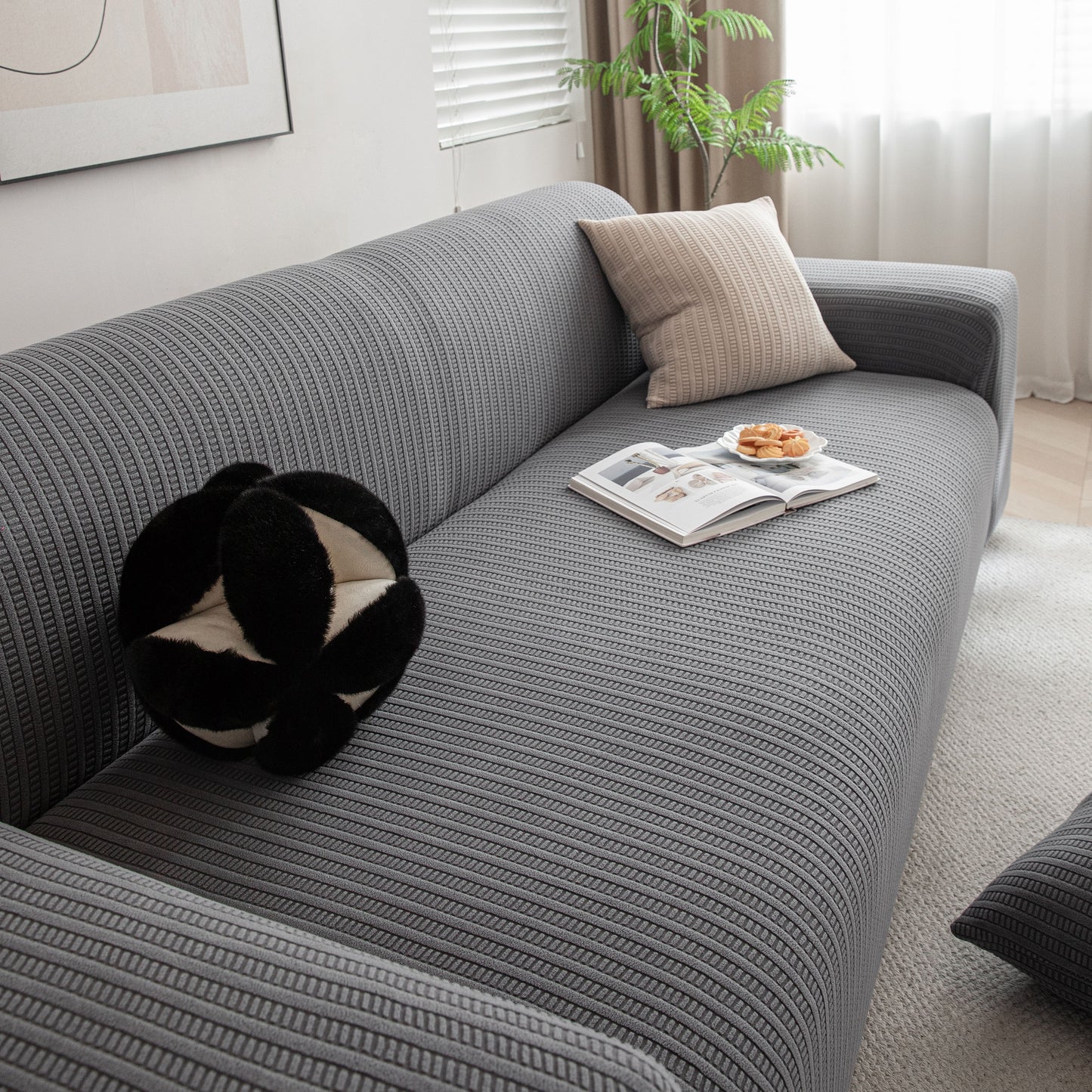 3D Grid Jacquard Sofa Cover, High Stretch Plush Waffle Couch Slipcover with Tie Straps