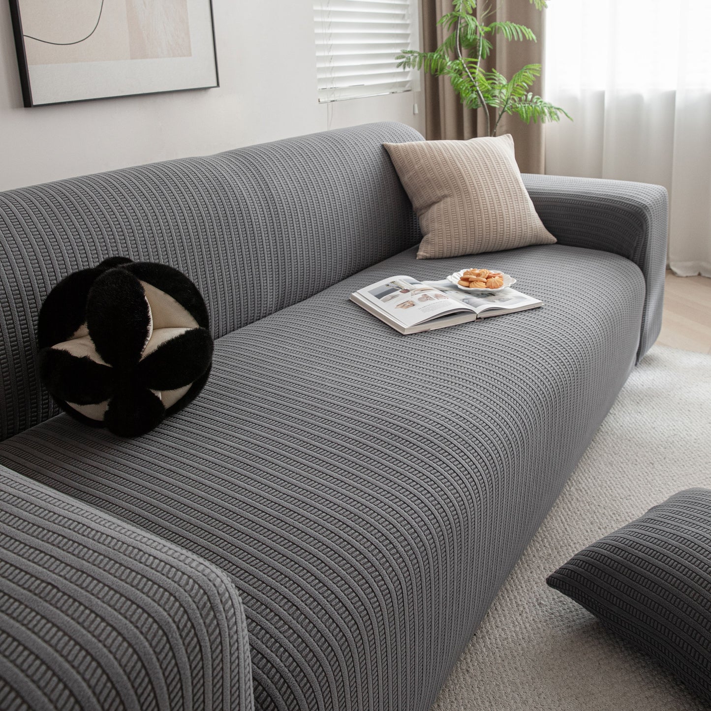 3D Grid Jacquard Sofa Cover, High Stretch Plush Waffle Couch Slipcover with Tie Straps