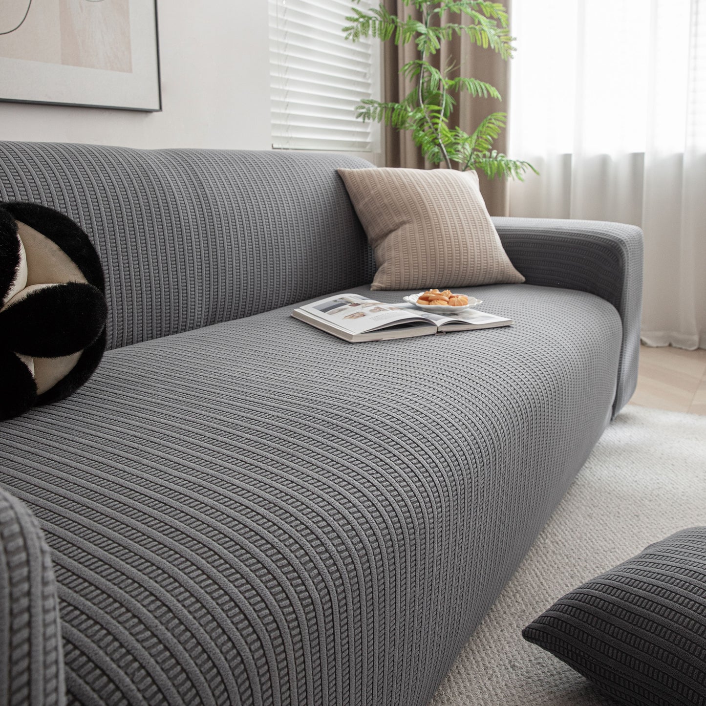 3D Grid Jacquard Sofa Cover, High Stretch Plush Waffle Couch Slipcover with Tie Straps