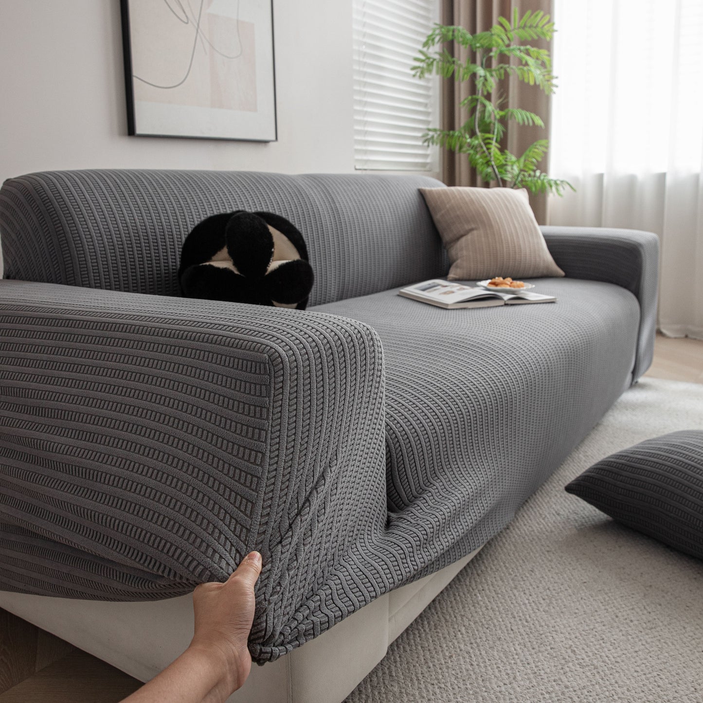3D Grid Jacquard Sofa Cover, High Stretch Plush Waffle Couch Slipcover with Tie Straps