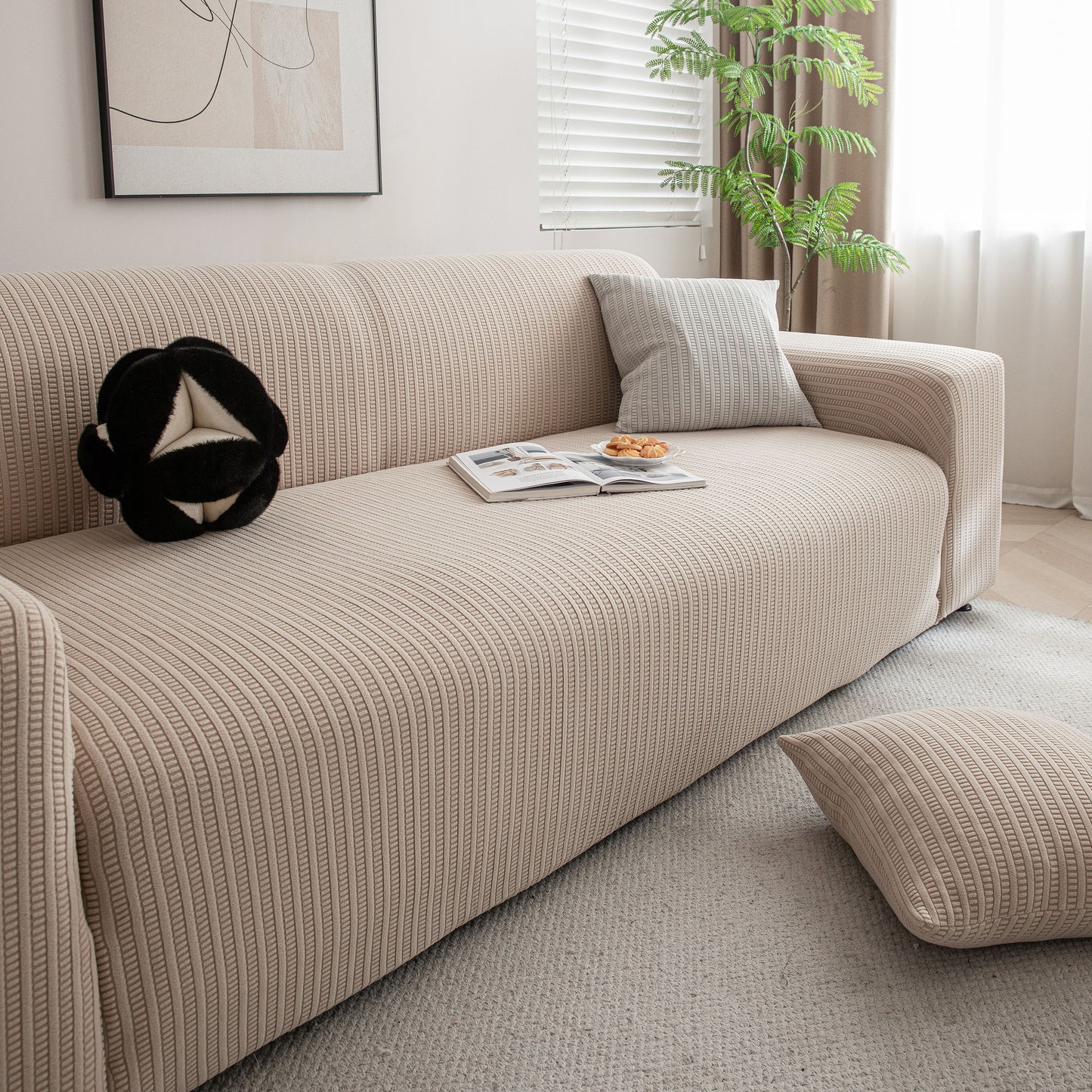 3D Grid Jacquard Sofa Cover, High Stretch Plush Waffle Couch Slipcover with Tie Straps