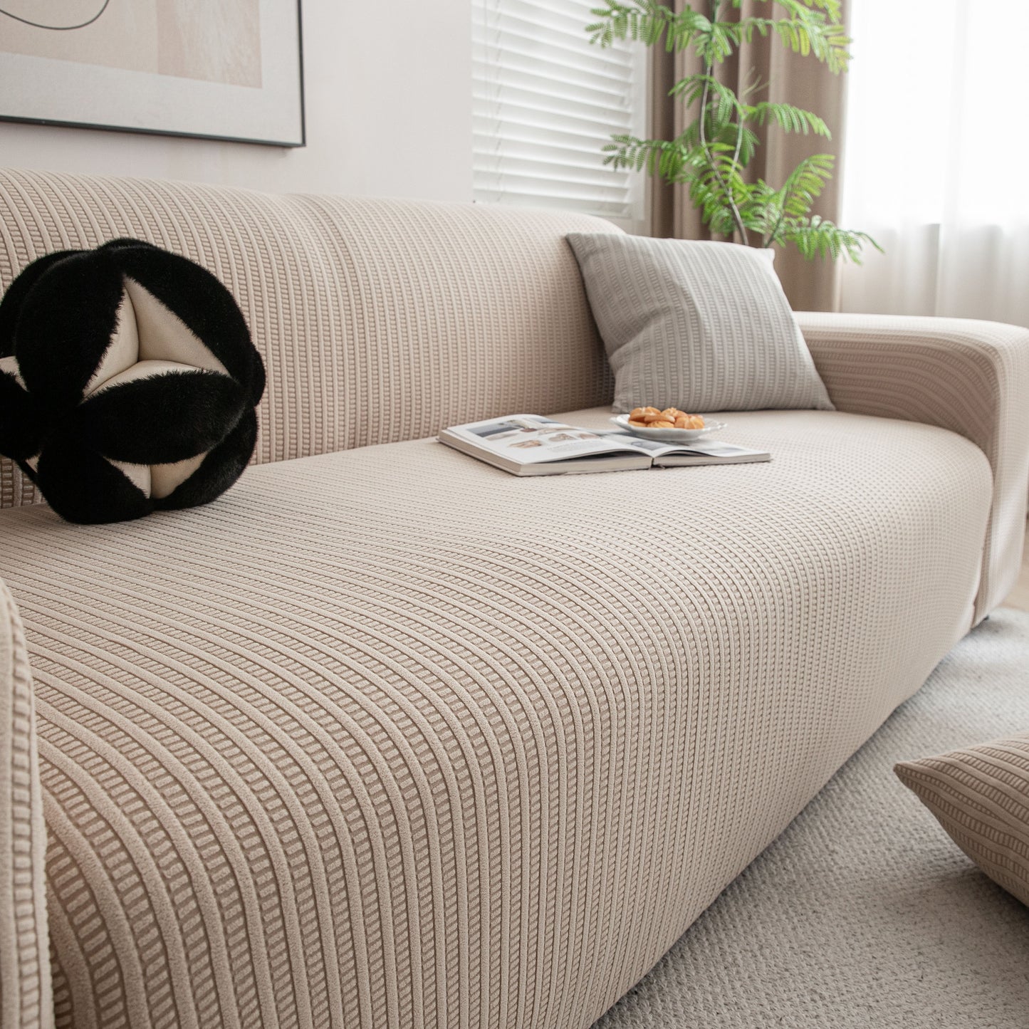 3D Grid Jacquard Sofa Cover, High Stretch Plush Waffle Couch Slipcover with Tie Straps