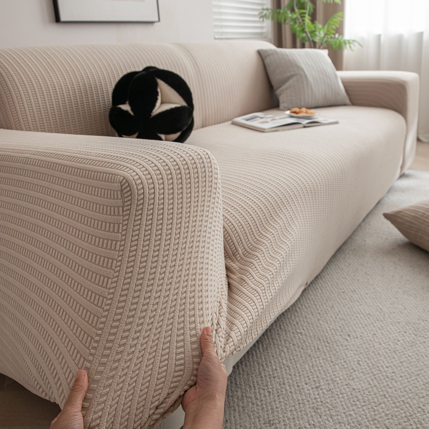 3D Grid Jacquard Sofa Cover, High Stretch Plush Waffle Couch Slipcover with Tie Straps