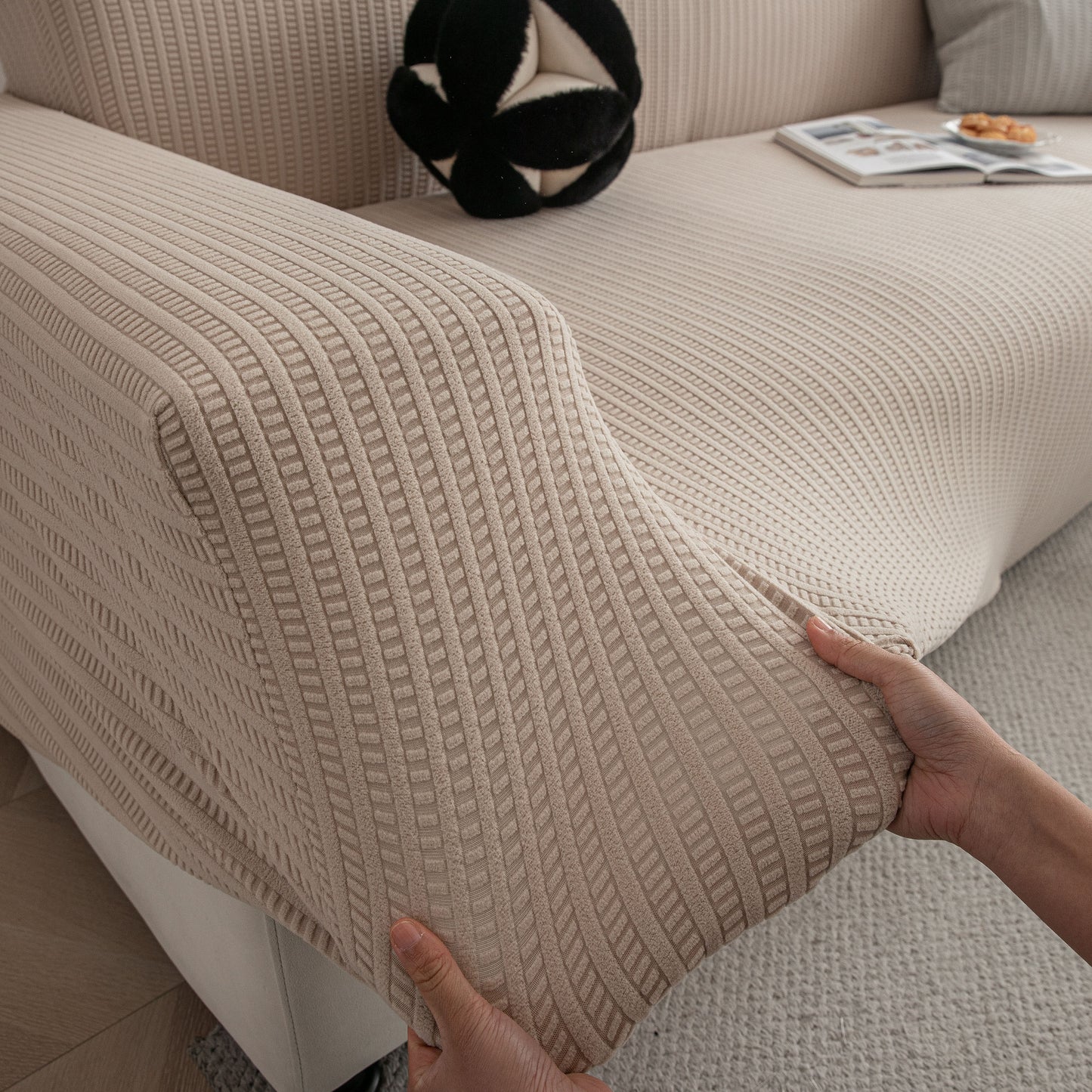 3D Grid Jacquard Sofa Cover, High Stretch Plush Waffle Couch Slipcover with Tie Straps