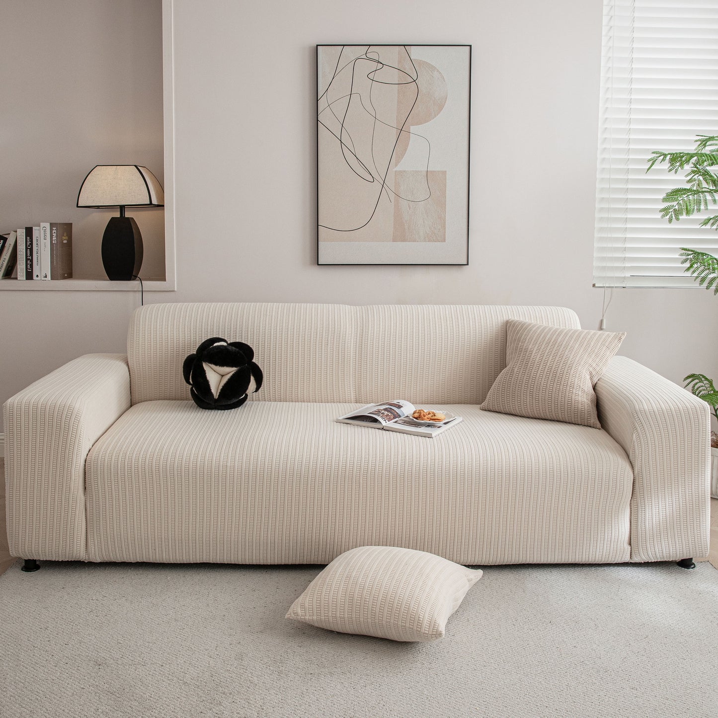 3D Grid Jacquard Sofa Cover, High Stretch Plush Waffle Couch Slipcover with Tie Straps