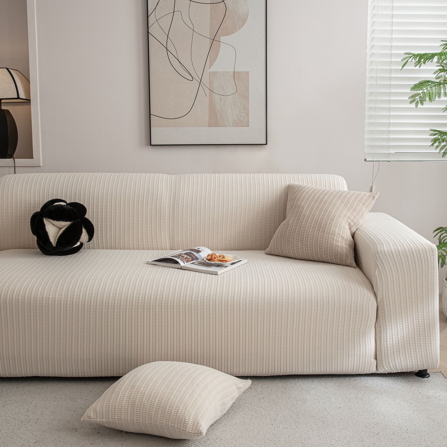 3D Grid Jacquard Sofa Cover, High Stretch Plush Waffle Couch Slipcover with Tie Straps