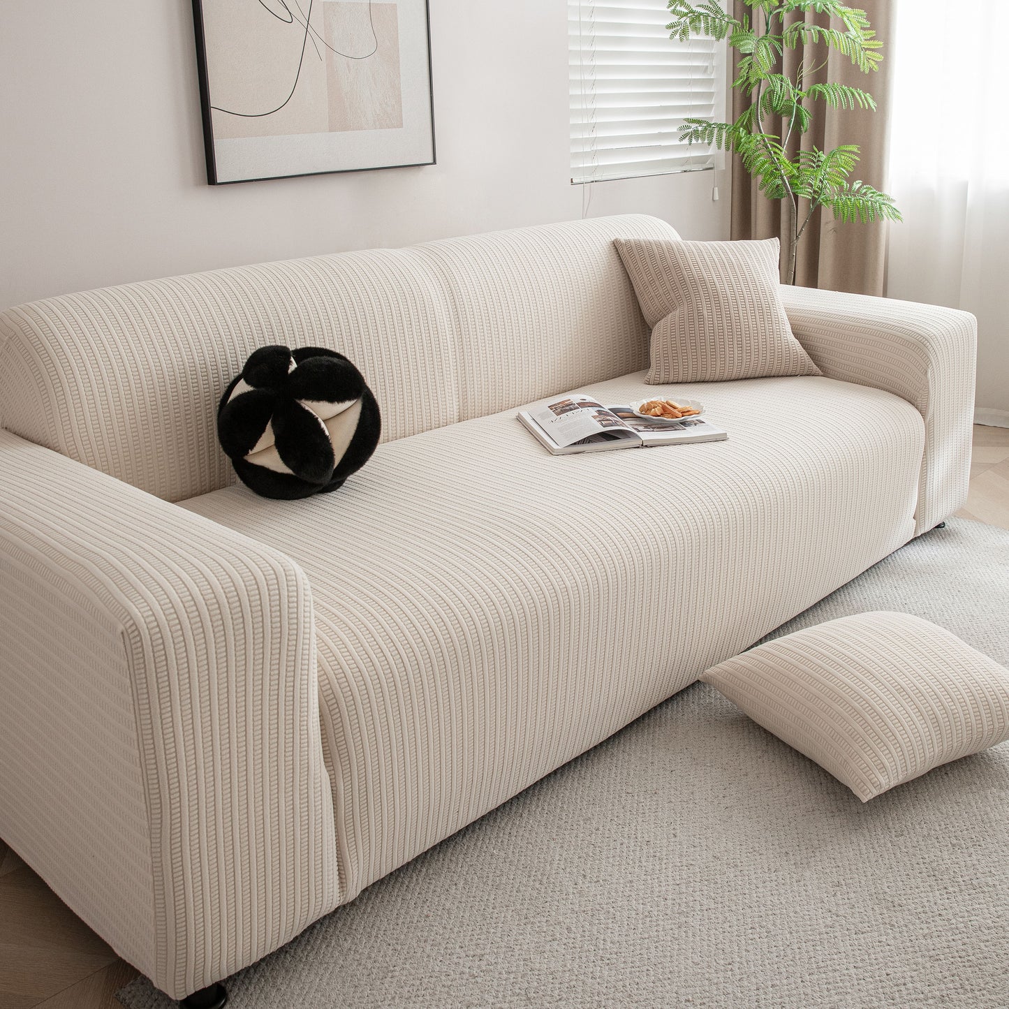 3D Grid Jacquard Sofa Cover, High Stretch Plush Waffle Couch Slipcover with Tie Straps