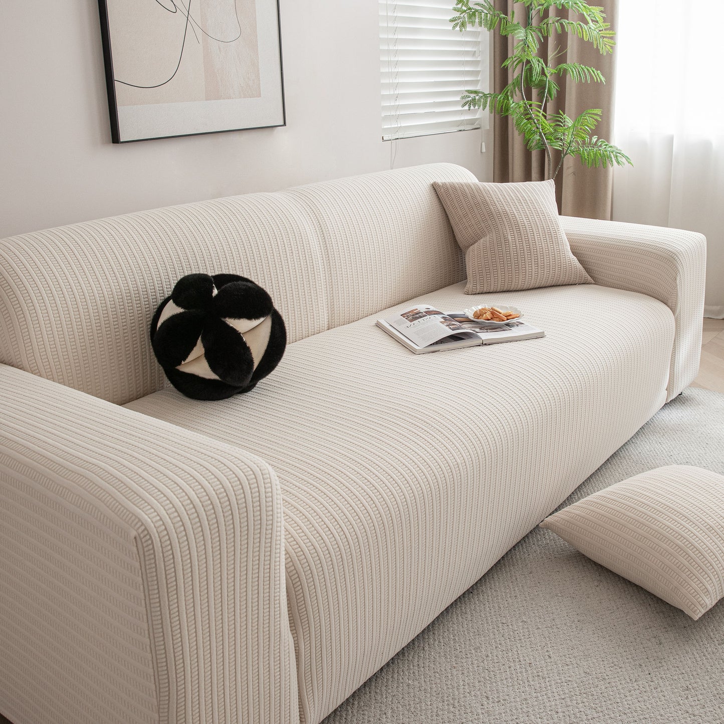 3D Grid Jacquard Sofa Cover, High Stretch Plush Waffle Couch Slipcover with Tie Straps