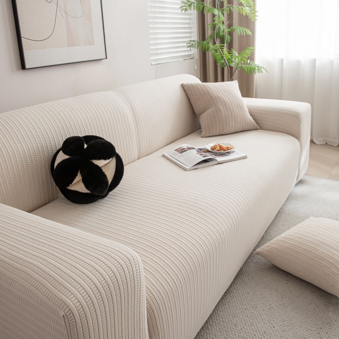 3D Grid Jacquard Sofa Cover, High Stretch Plush Waffle Couch Slipcover with Tie Straps