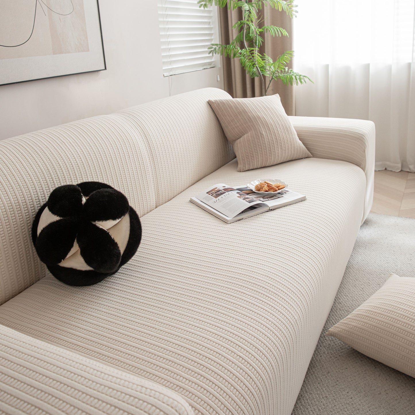 3D Grid Jacquard Sofa Cover, High Stretch Plush Waffle Couch Slipcover with Tie Straps