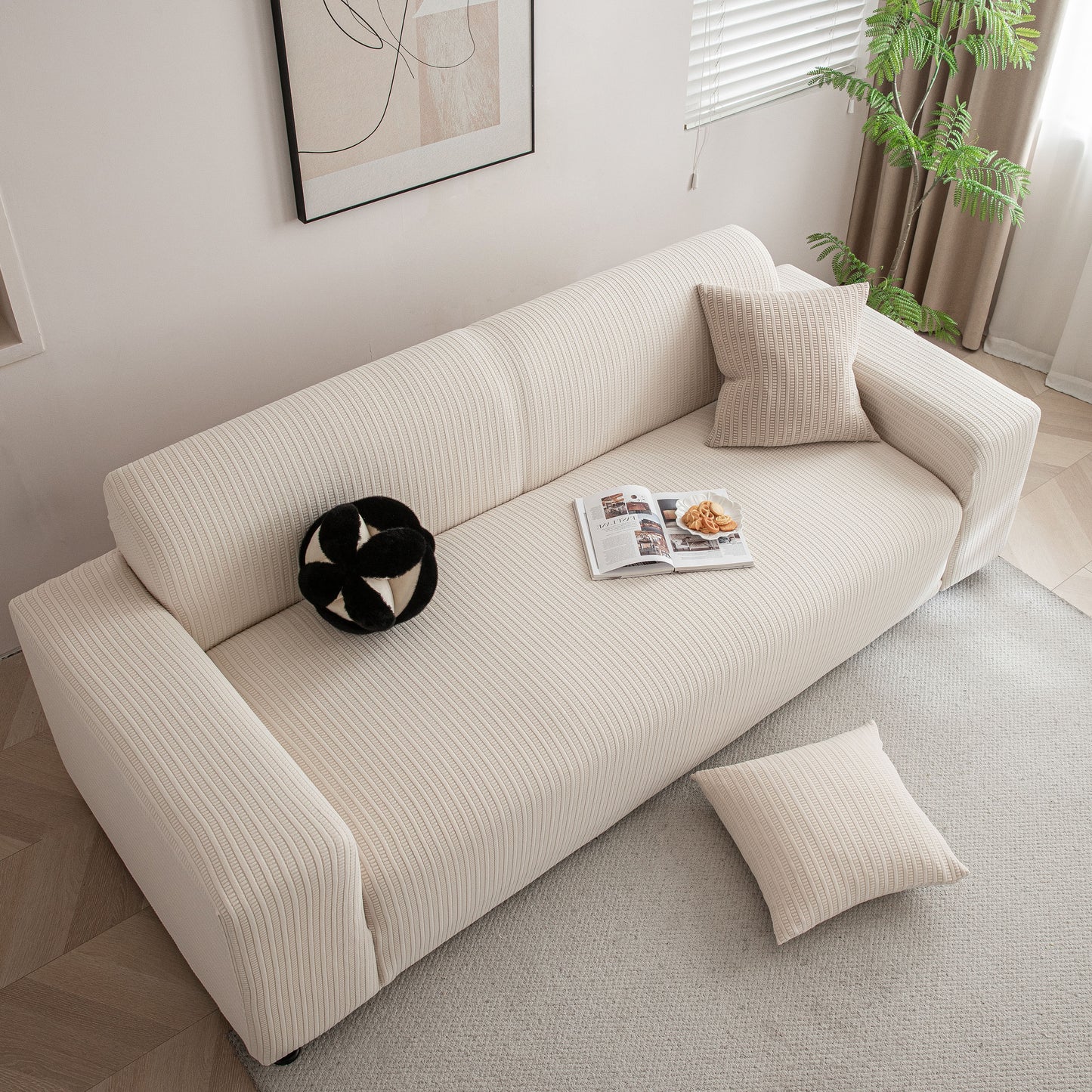 3D Grid Jacquard Sofa Cover, High Stretch Plush Waffle Couch Slipcover with Tie Straps