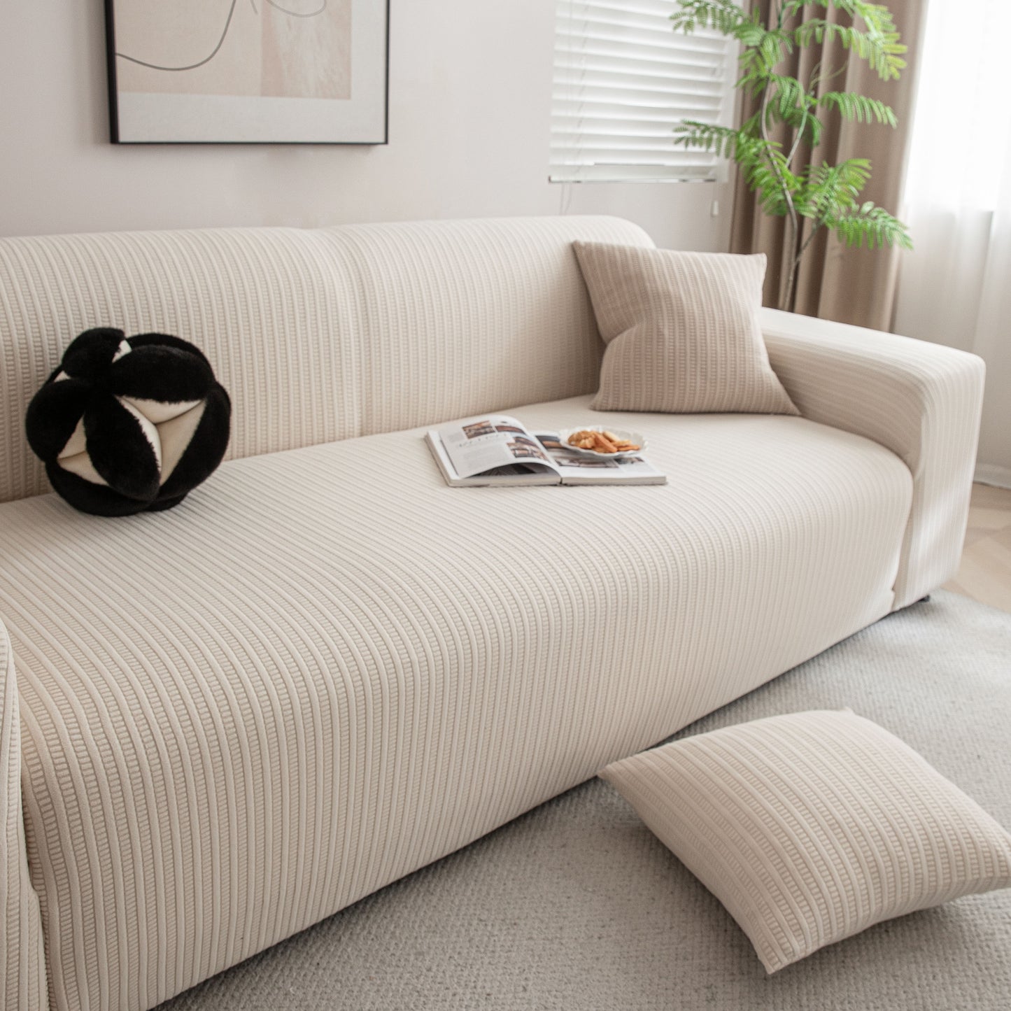 3D Grid Jacquard Sofa Cover, High Stretch Plush Waffle Couch Slipcover with Tie Straps
