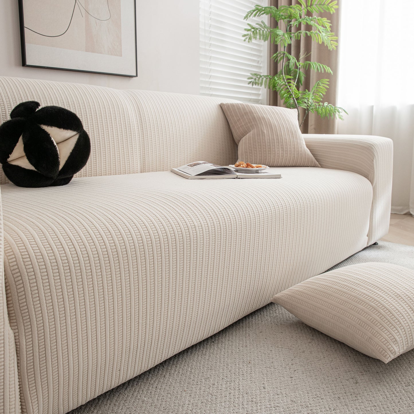 3D Grid Jacquard Sofa Cover, High Stretch Plush Waffle Couch Slipcover with Tie Straps