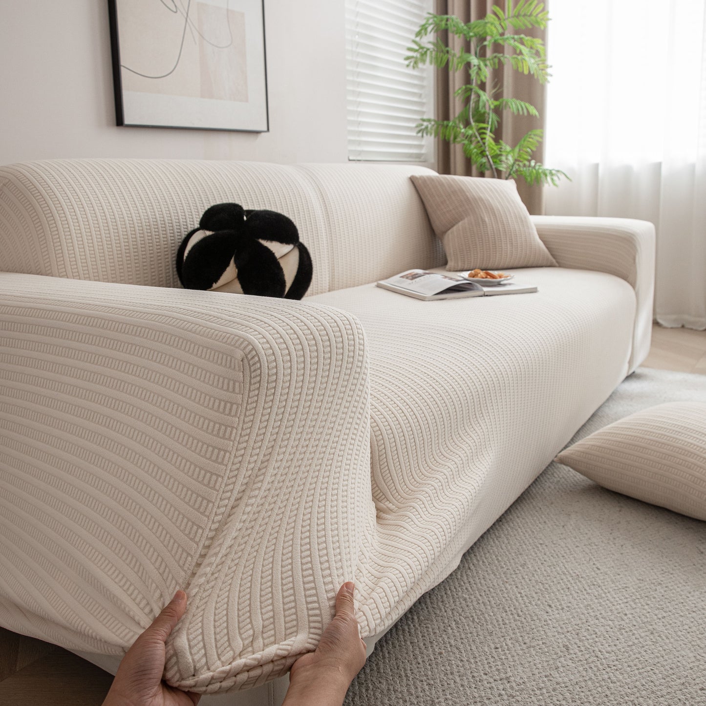 3D Grid Jacquard Sofa Cover, High Stretch Plush Waffle Couch Slipcover with Tie Straps