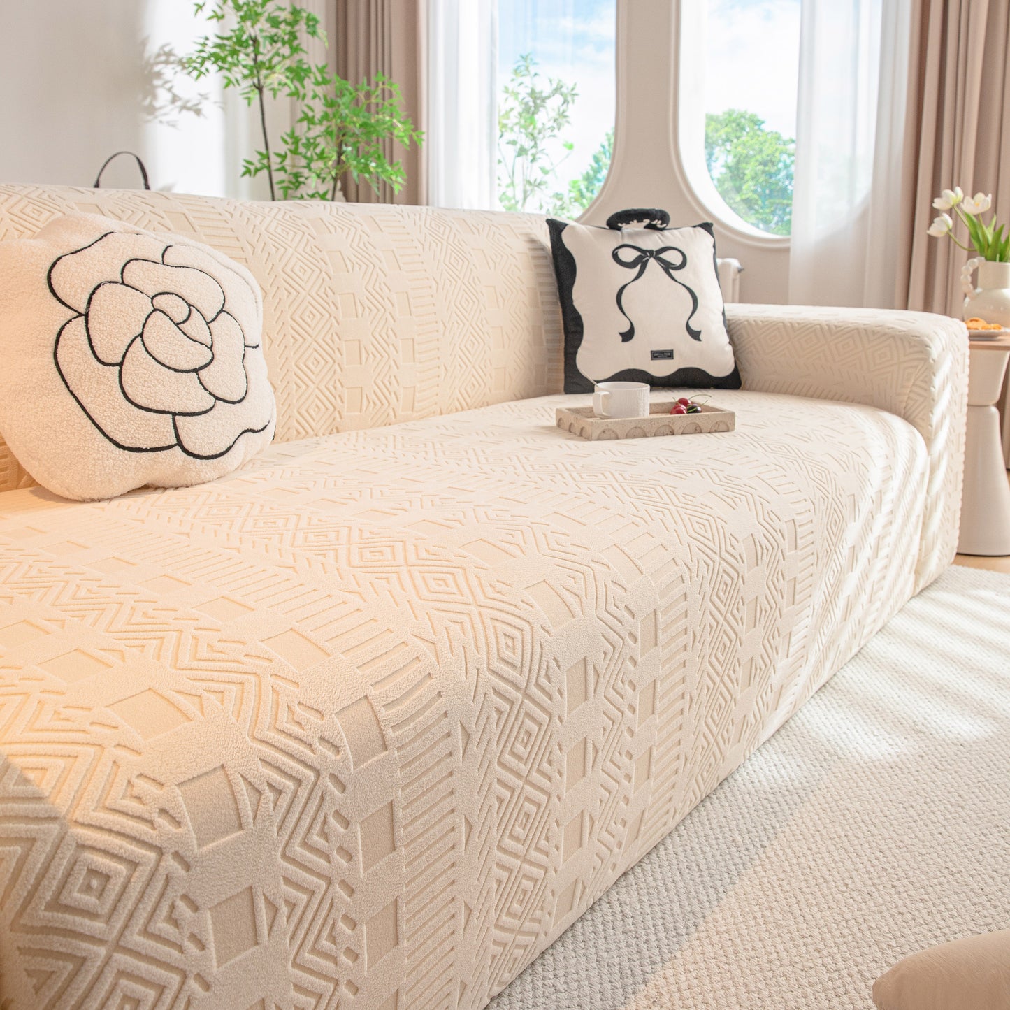 High Stretch Embossed Geometric Slipcover for Couch, Cozy Plush Fleece Couch Cover