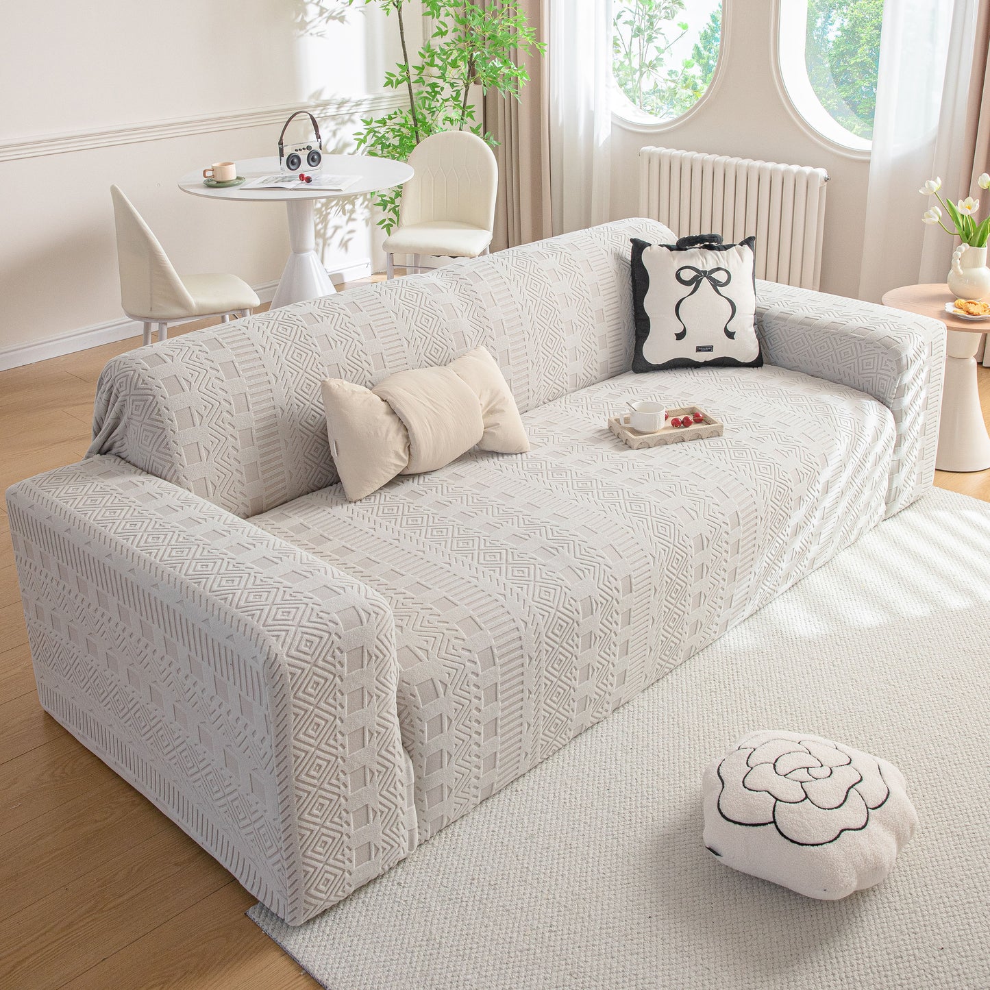 High Stretch Embossed Geometric Slipcover for Couch, Cozy Plush Fleece Couch Cover