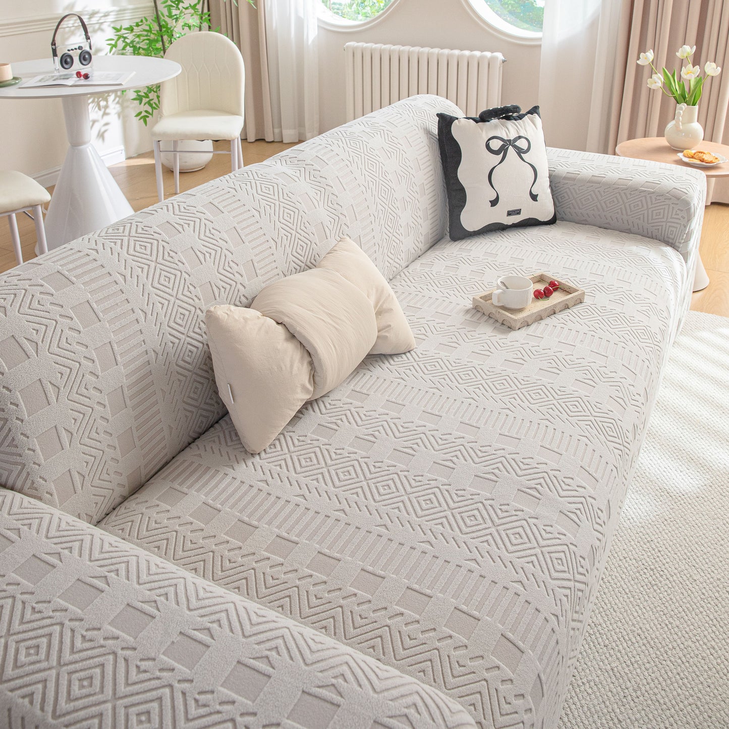 High Stretch Embossed Geometric Slipcover for Couch, Cozy Plush Fleece Couch Cover