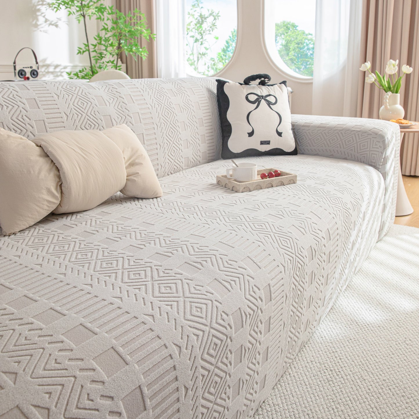 High Stretch Embossed Geometric Slipcover for Couch, Cozy Plush Fleece Couch Cover