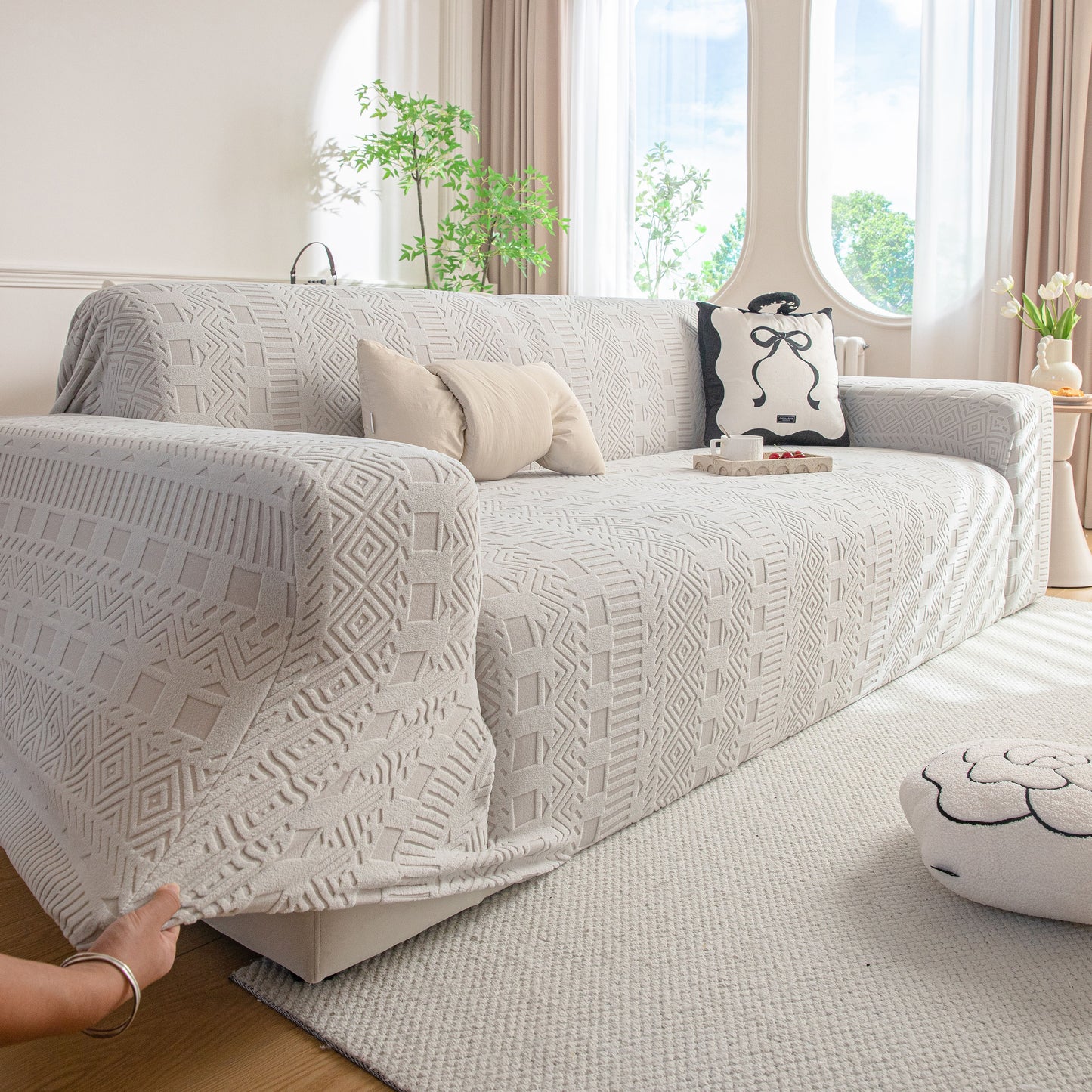 High Stretch Embossed Geometric Slipcover for Couch, Cozy Plush Fleece Couch Cover