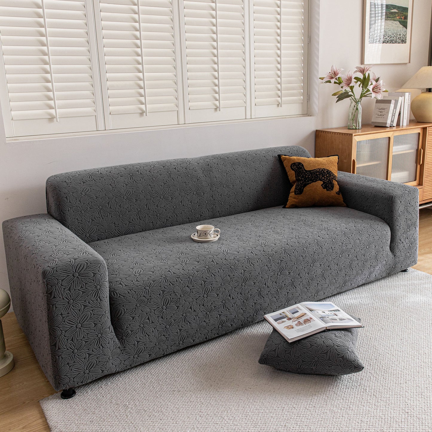 High Elastic Floral Couch Slipcover, Jacquard Stretch Non-Slip Furniture Protector