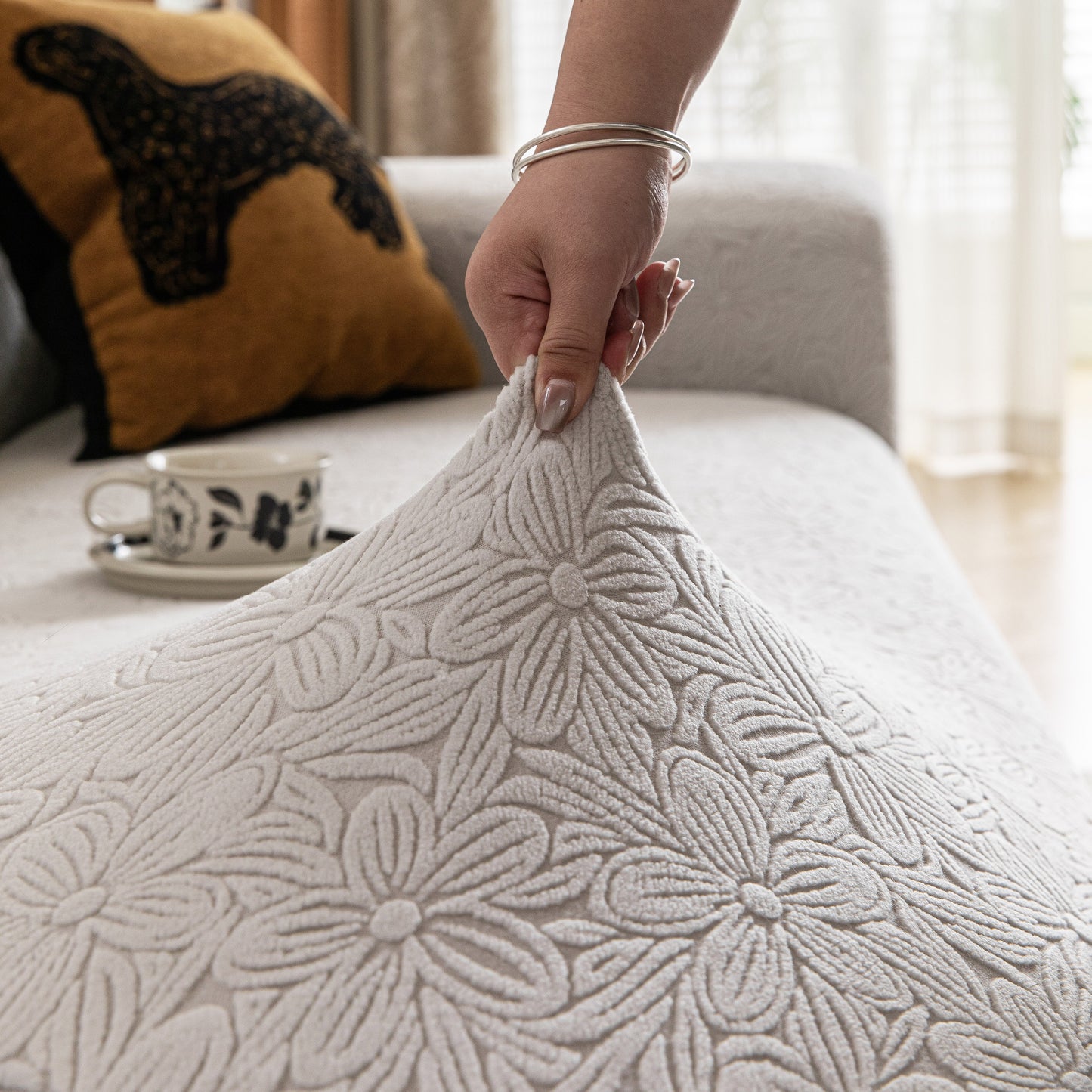 High Elastic Floral Couch Slipcover, Jacquard Stretch Non-Slip Furniture Protector