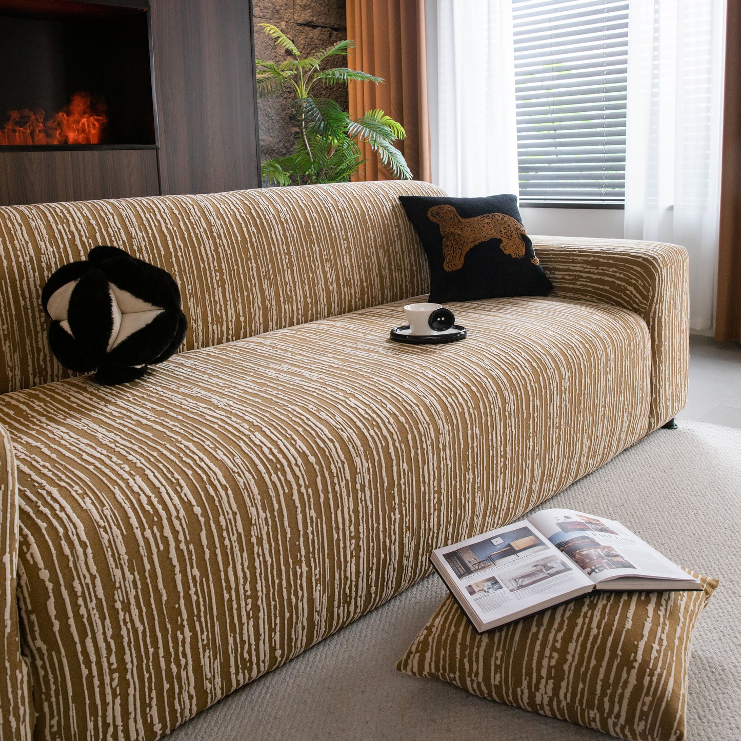 High Stretch Couch Slipcover with Abstract Stripe, Washable Non-Slip Cover for Dogs