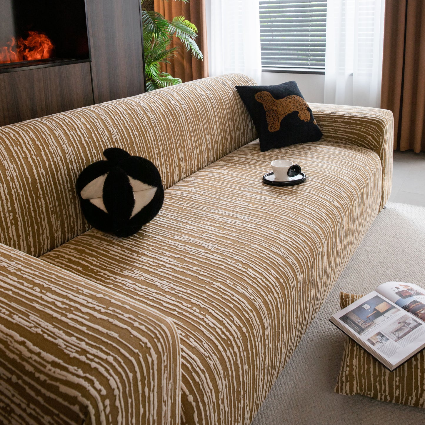 High Stretch Couch Slipcover with Abstract Stripe, Washable Non-Slip Cover for Dogs