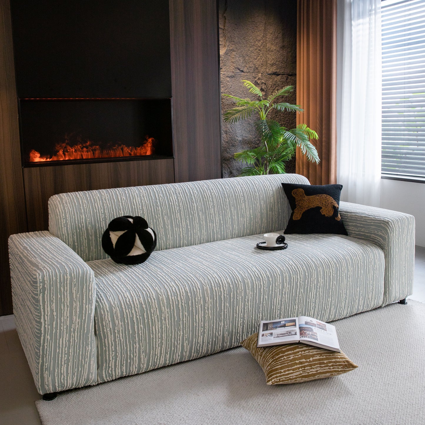 High Stretch Couch Slipcover with Abstract Stripe, Washable Non-Slip Cover for Dogs