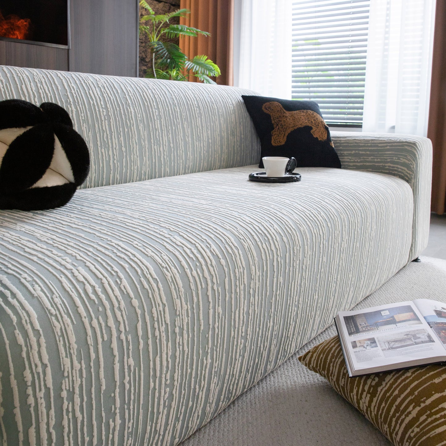 High Stretch Couch Slipcover with Abstract Stripe, Washable Non-Slip Cover for Dogs