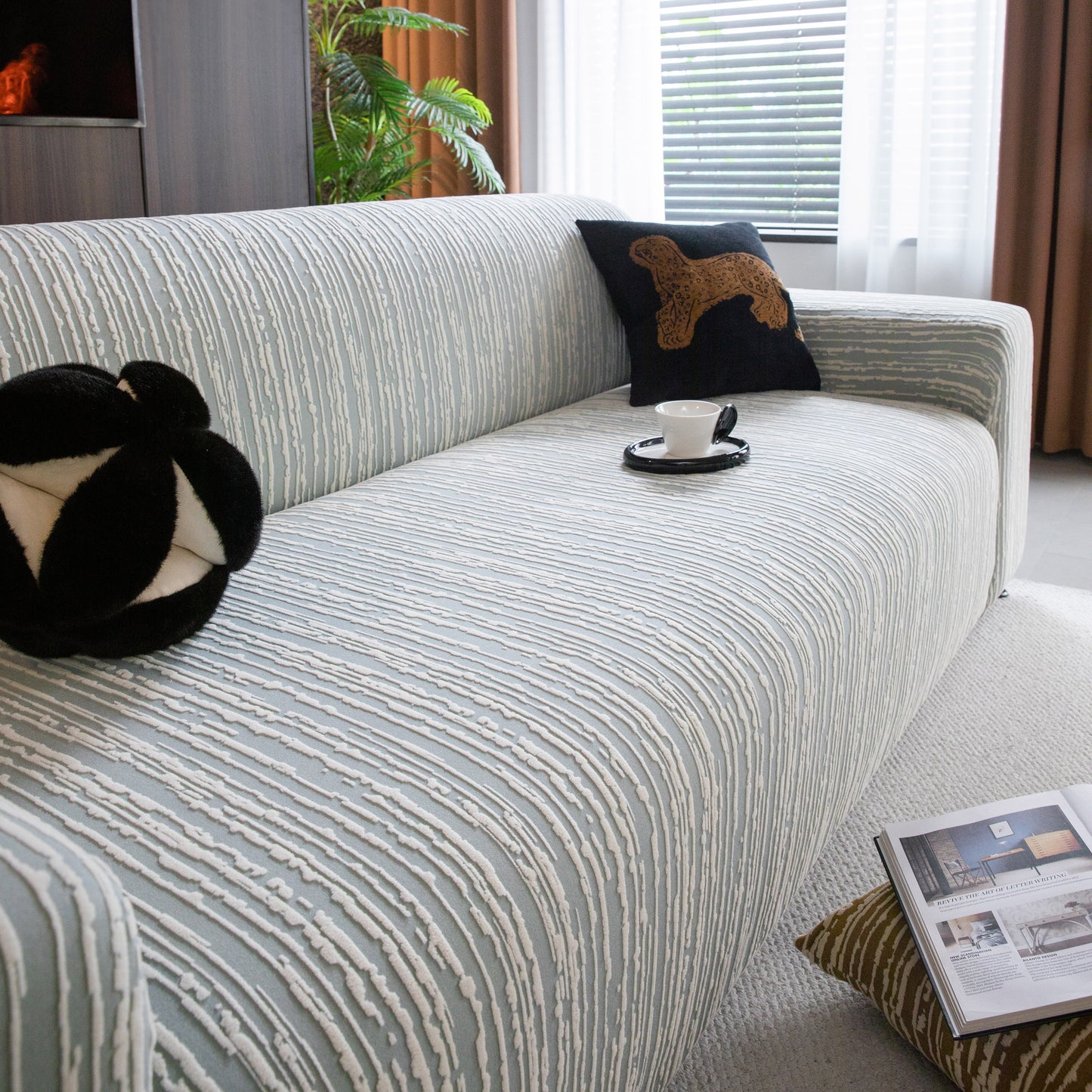 High Stretch Couch Slipcover with Abstract Stripe, Washable Non-Slip Cover for Dogs