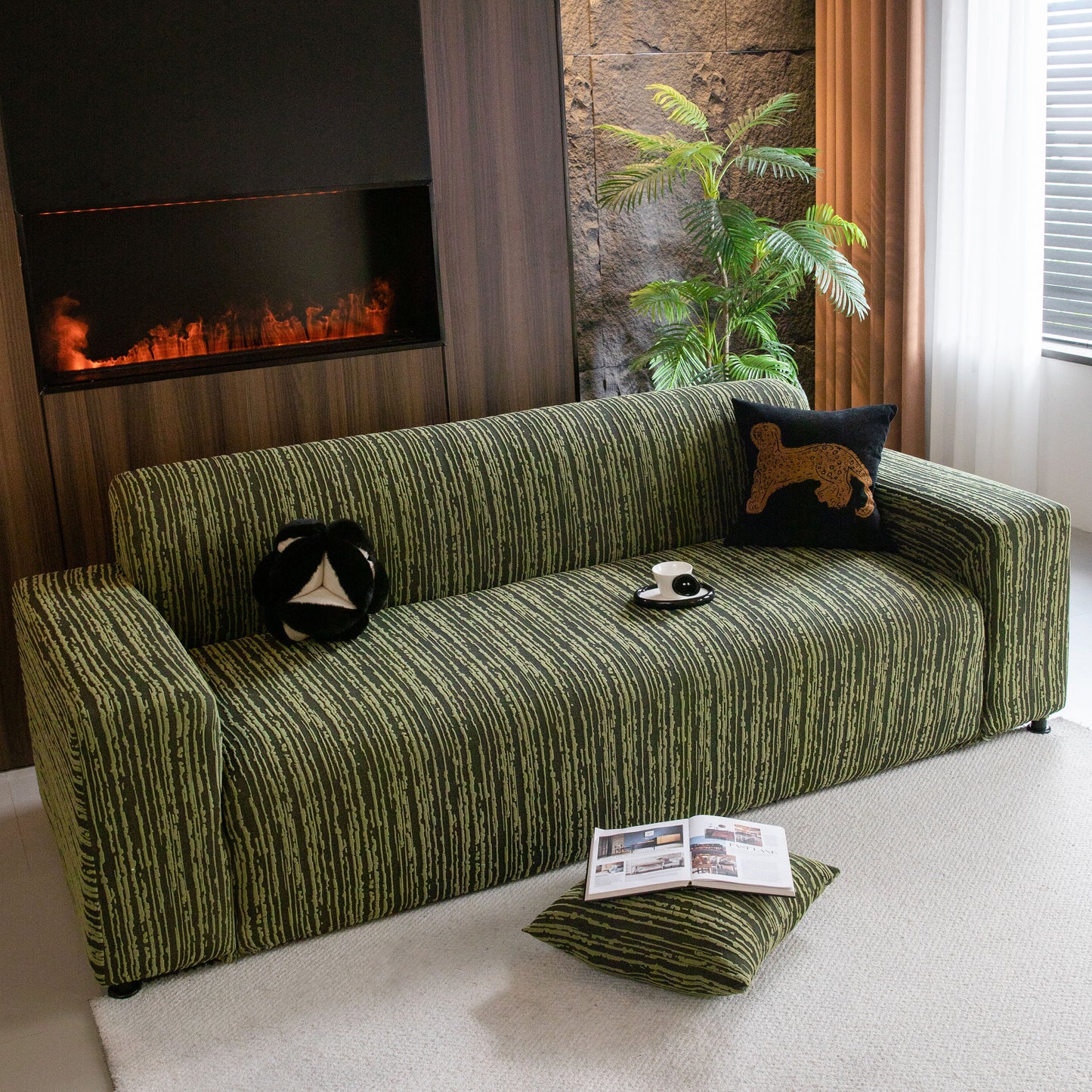 High Stretch Couch Slipcover with Abstract Stripe, Washable Non-Slip Cover for Dogs