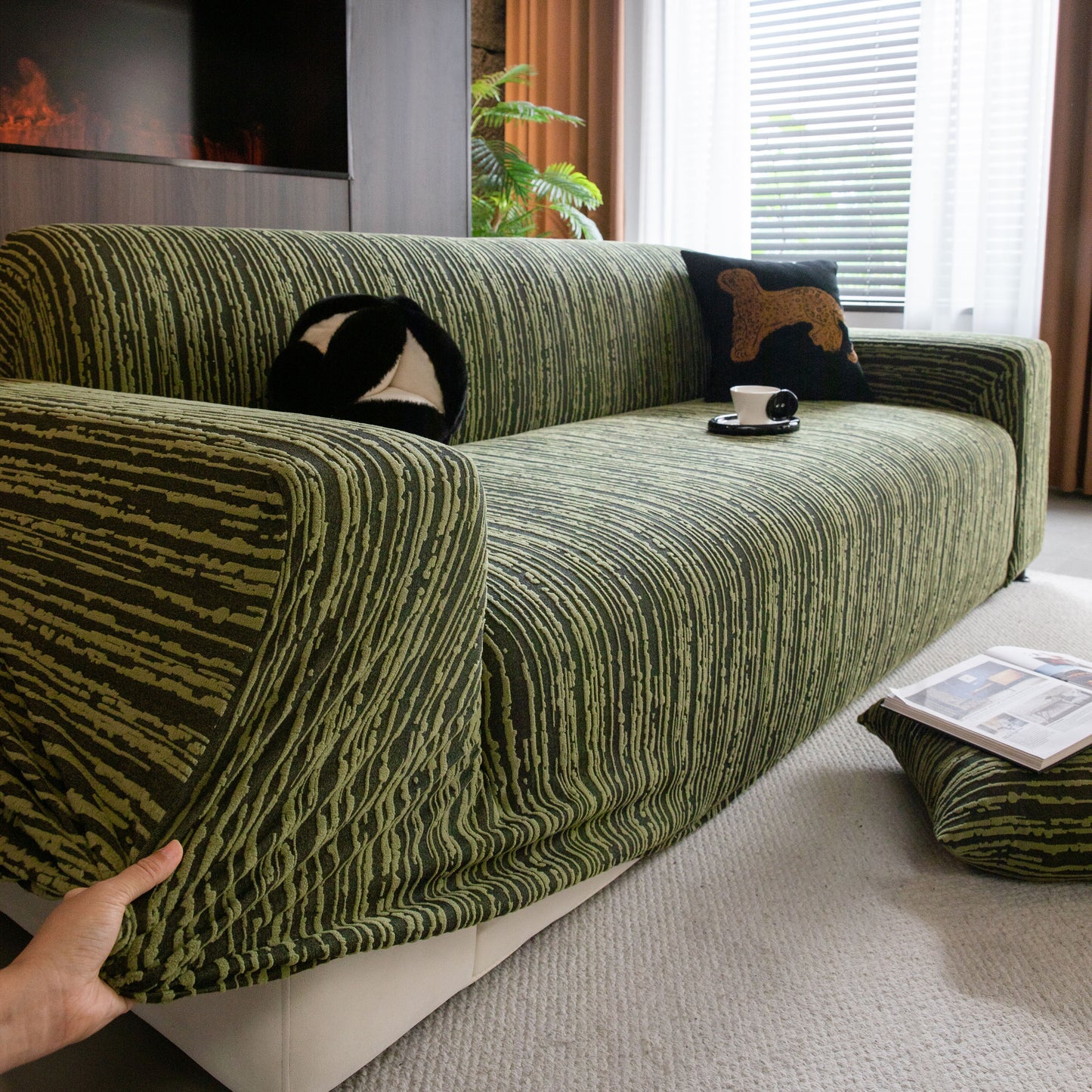 High Stretch Couch Slipcover with Abstract Stripe, Washable Non-Slip Cover for Dogs