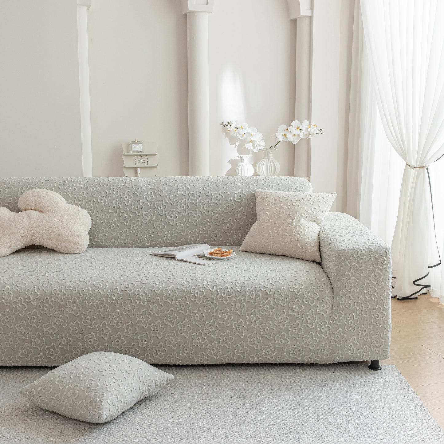 High Stretch Jacquard Sofa Slipcover, Soft Spandex Textured Floral Couch Cover