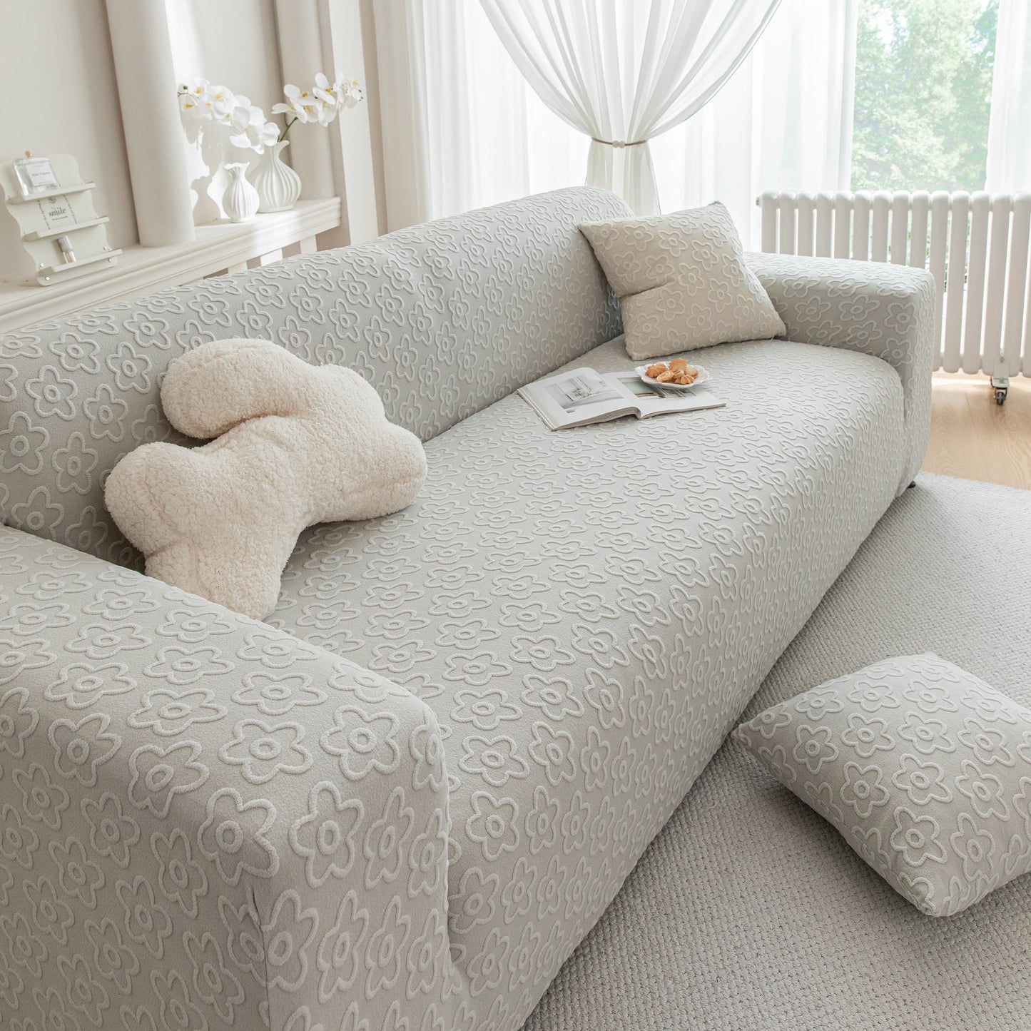 High Stretch Jacquard Sofa Slipcover, Soft Spandex Textured Floral Couch Cover