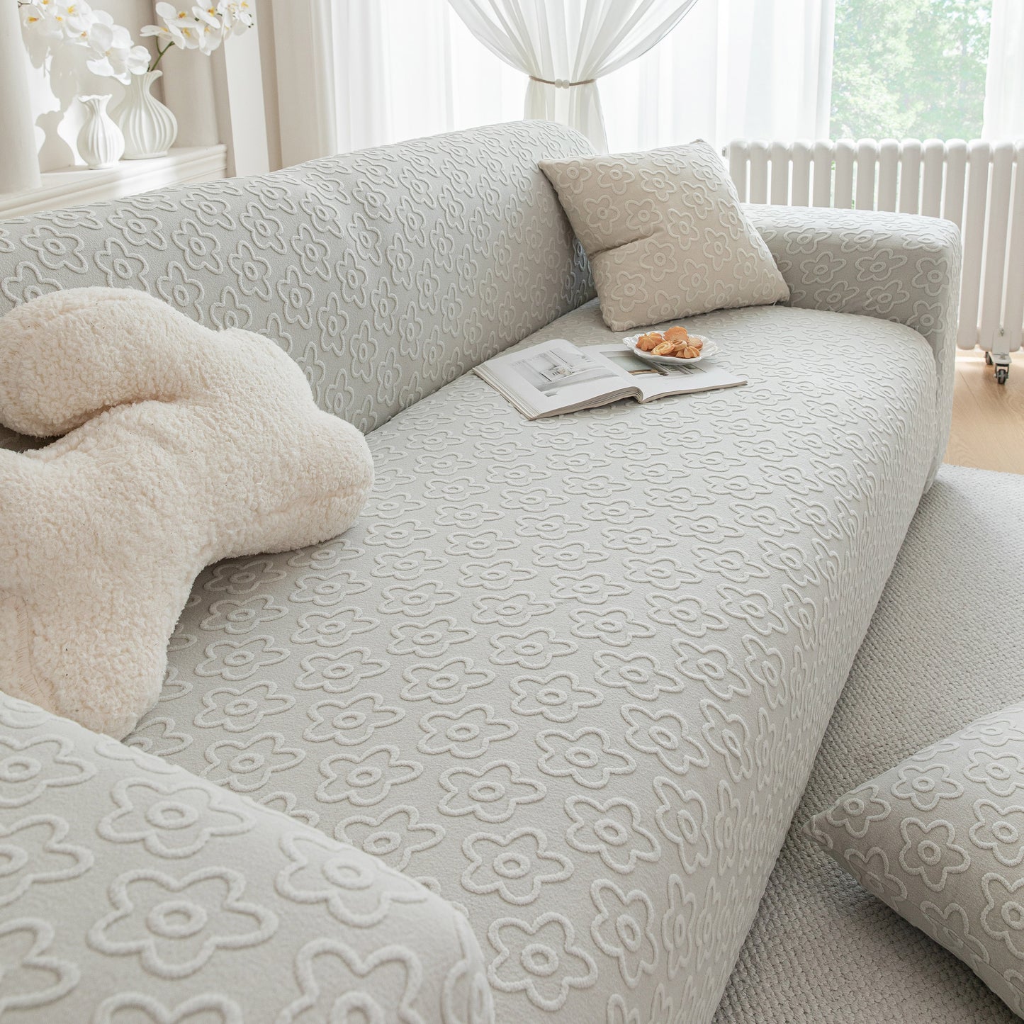 High Stretch Jacquard Sofa Slipcover, Soft Spandex Textured Floral Couch Cover