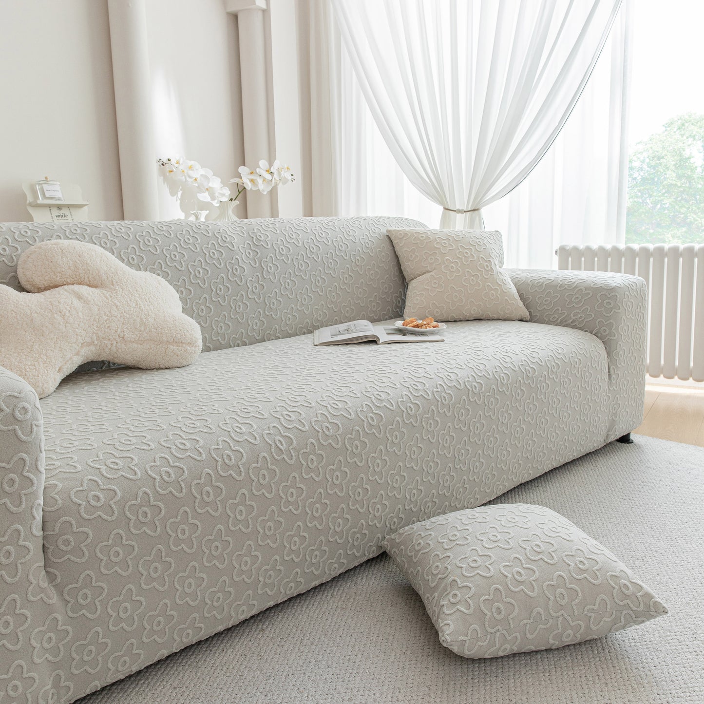 High Stretch Jacquard Sofa Slipcover, Soft Spandex Textured Floral Couch Cover