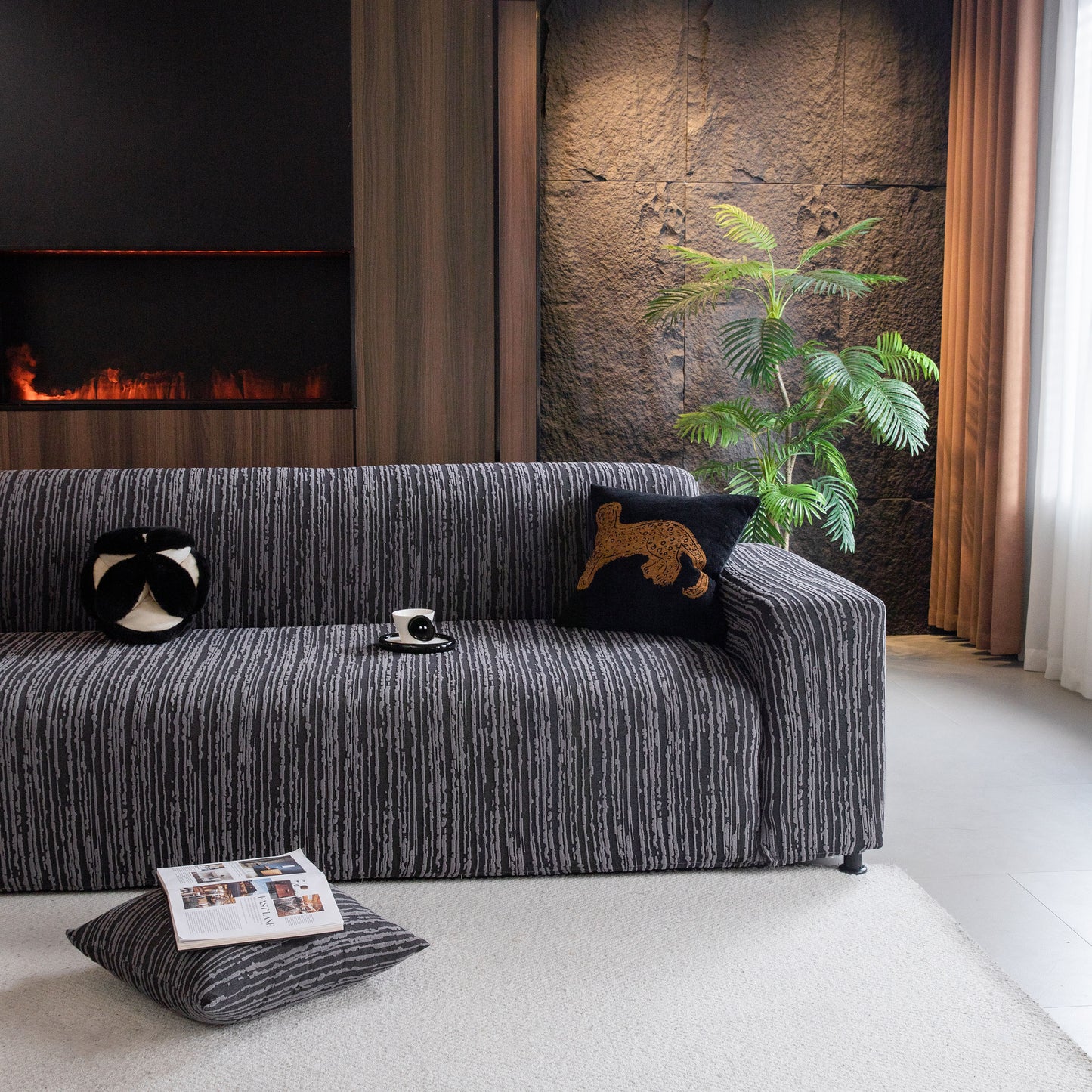 High Stretch Couch Slipcover with Abstract Stripe, Washable Non-Slip Cover for Dogs