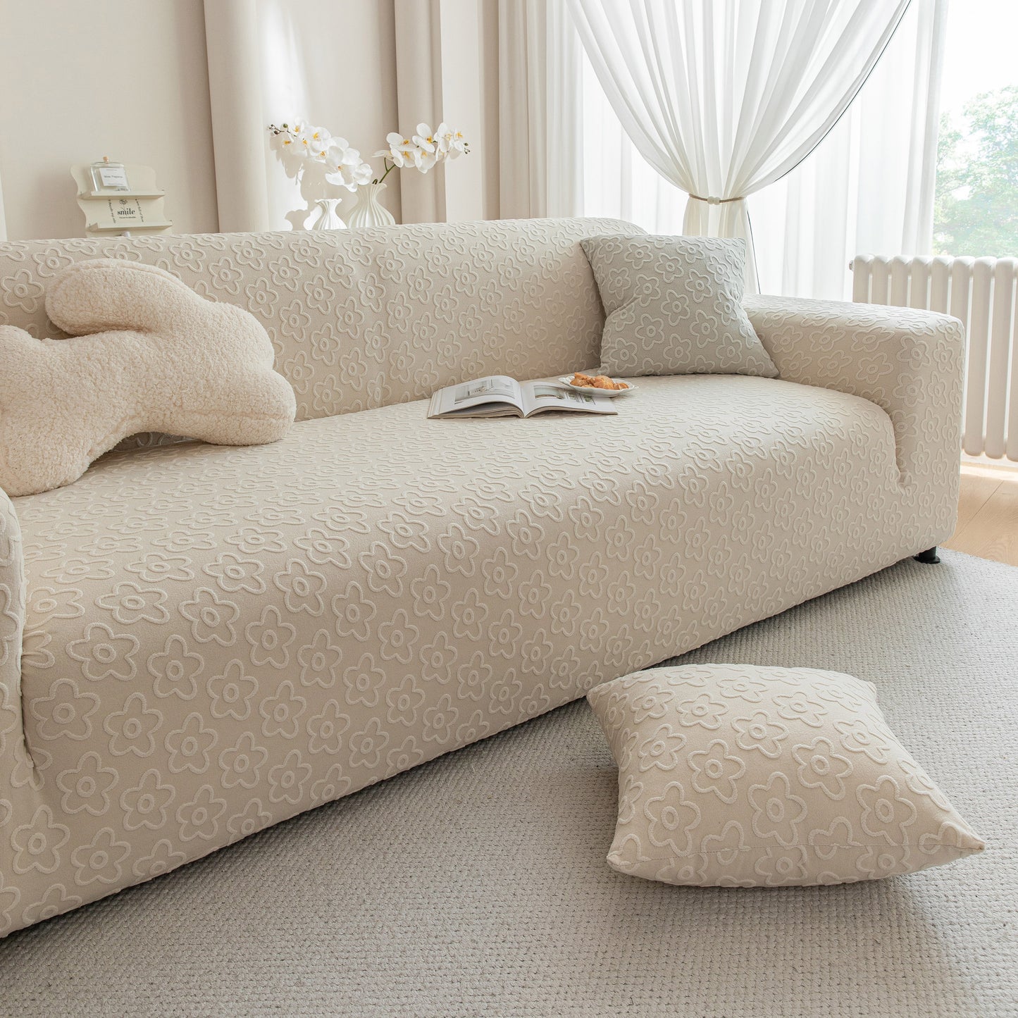 High Stretch Jacquard Sofa Slipcover, Soft Spandex Textured Floral Couch Cover