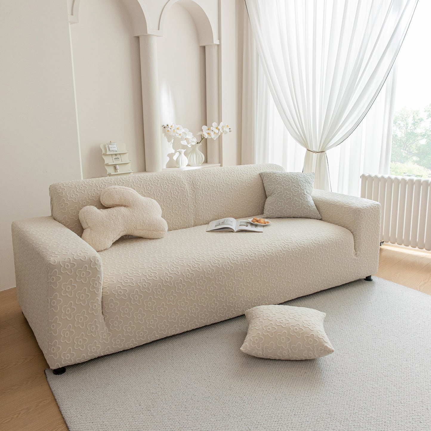 High Stretch Jacquard Sofa Slipcover, Soft Spandex Textured Floral Couch Cover