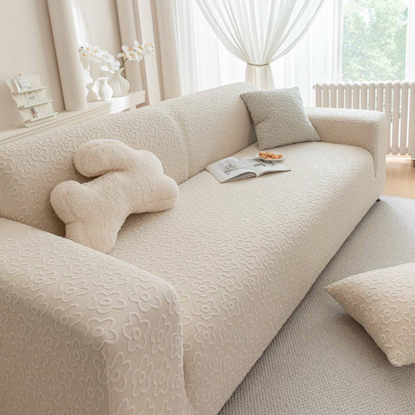 High Stretch Jacquard Sofa Slipcover, Soft Spandex Textured Floral Couch Cover