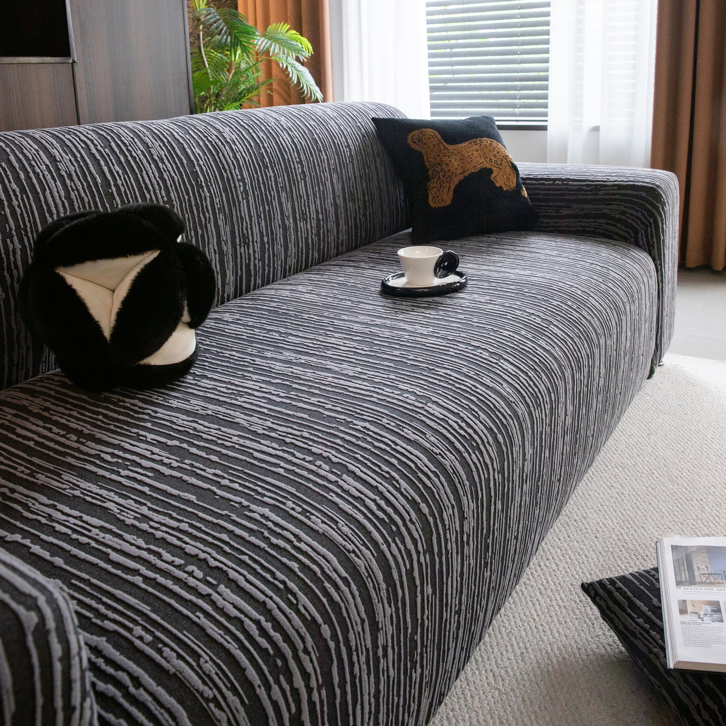 High Stretch Couch Slipcover with Abstract Stripe, Washable Non-Slip Cover for Dogs