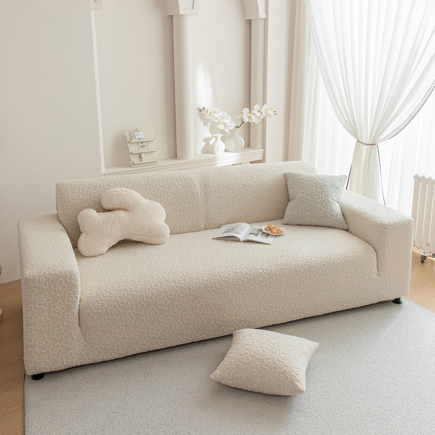 High Stretch Jacquard Sofa Slipcover, Soft Spandex Textured Floral Couch Cover